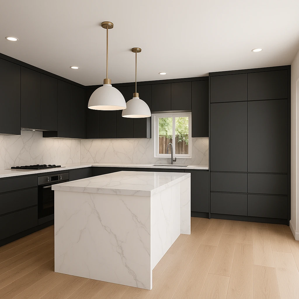 Charcoal European slab cabinets with Calacatta quartz and white island