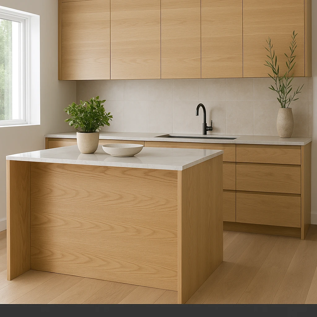 Natural oak slab cabinets with waterfall island