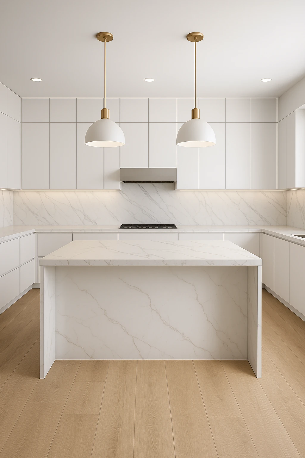 Modern San Diego kitchen with white European slab cabinets, Calacatta quartz island, and light oak floors by ASAP Remodeling